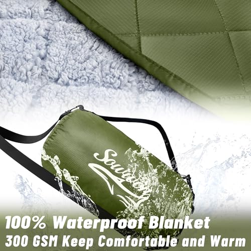 Waterproof Outdoor Blanket 82”X 55” Packable, Stadium Blankets for Camping with Sherpa Fleece Lining, Large Windproof Emergency Throw Mat for Garss Picnic Hiking Road Trip, Machine Washable, Green - color: Sherpa Green-300 Gsm, size: 82"x 55"