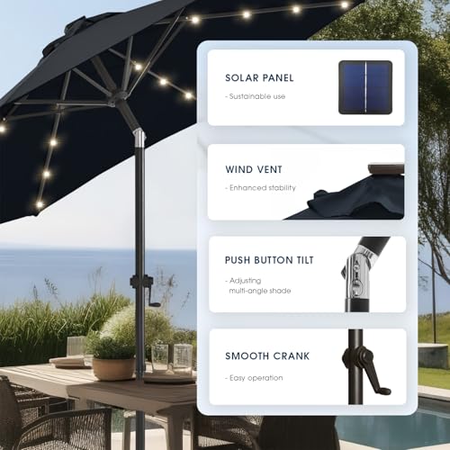 wikiwiki 9FT Solar Led Patio Umbrella with Base Included, 32 LED Lights, 8 Sturdy Ribs, Fade Resistant Waterproof POLYESTER DTY Canopy for Garden, Lawn, Deck, Backyard & Pool, Navy Blue - color: Navy Blue, size: 9FT