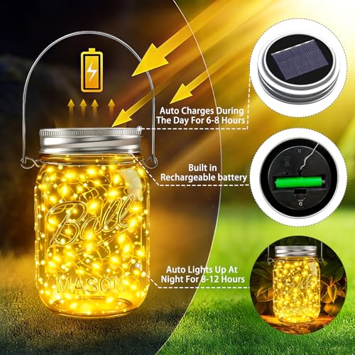 Mason Jar Solar Lights for Outside, 12 Pack 30 LED Fairy Firefly Lights Mason Jar Solar Lids Outdoor Waterproof String Lights with Hangers(NO JARS) for Patio Garden Yard Lawn Decor - Warm White - color: Warm White