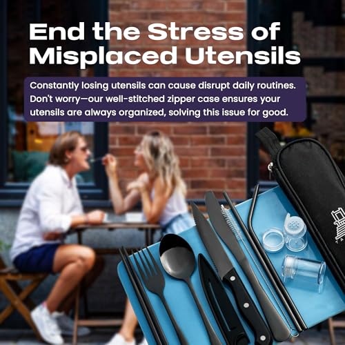 Taplord Portable Travel Silverware Set With Case, Includes 10 Pcs of Travel Utensils With Case, Stainless Steel Flatware Set For Camping, Lightweight (Black) - color: Black, size: 10 Pieces
