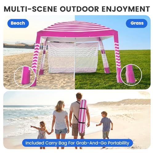 Zeraty Beach Cabana 8'×8', Portable Beach Canopy with Side Wall, UPF 50+ Silver-Coated Beach Tent Sun Shelter, Wind Resistant Adjustable Altitude Beach Umbrella Tent for Family, Pink - color: Pink