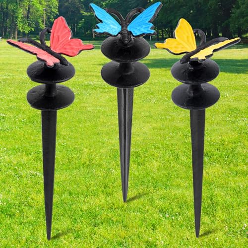 Tandefio 3 Pcs Colorful Butterfly Garden Hose Guide Stakes, Heavy Duty Decorative Antique Black Cast Iron Metal Hose Guides, Plant Protector for Lawn Yard Flower Bed - style: Butterfly