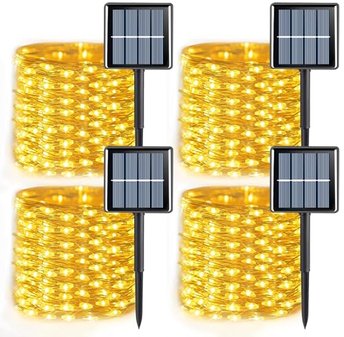 YEGUO 4 Pack Warm White Solar Fairy Lights, Each 33ft 100 LED Christmas Lights Outdoor Waterproof, 8 Modes Sliver Wire Solar String Lights - color: Warm White