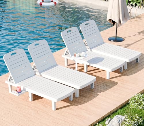 WACASA Outdoor Chaise Lounge Chairs Set of 4, Oversized Resin Lounge Chairs with 5-Level Adjustable Backrest & Cup Holder, Waterproof Pool Lounge Chair for Poolside, Patio, Beach, Yard, White - color: White, size: Set of 4