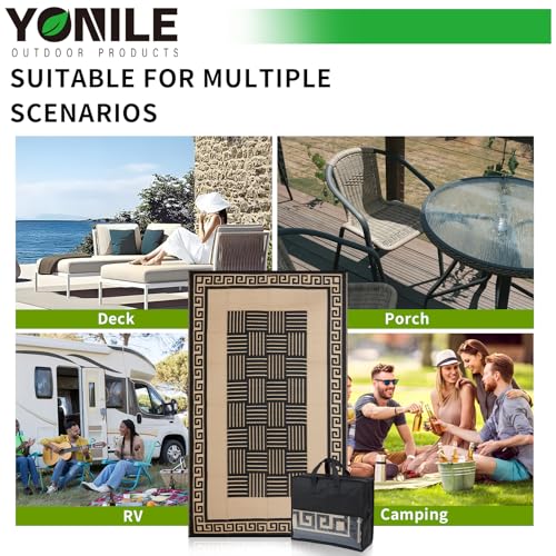 YONILE Outdoor Rug 9x18 ft Waterproof, Reversible Outdoor Plastic Straw Rug for Patios Clearance, Outdoor Area Rug Carpet RV Mat for Camping Backyard Deck Porch - color: Black&coffee-striped, size: 9x18ft