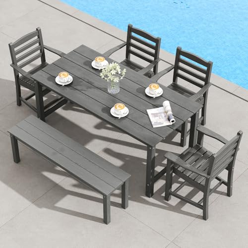 Tangkula 6 Pieces Patio Dining Bench Set, Outdoor HDPE Weather Resistant Table and Chairs Set with 1.77” Umbrella Hole and Wood-Like Surface, Outside Furniture Set for Garden, Backyard (Gray, 6 Pcs) - color: Grey, size: 6 Pcs