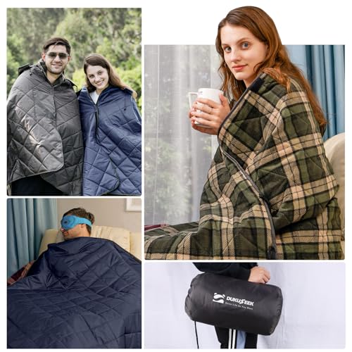 DUKUSEEK Hooded Outdoor Blanket, Extra Large 79" x 59" Waterproof Camping Blanket, Quilted, Thick Fleece, Warm, Windproof, Sand Proof, Portable and Wear-Resistant, Perfect for Stadium, Picnic - color: Navy Blue Outer With Red Plaid Fleece