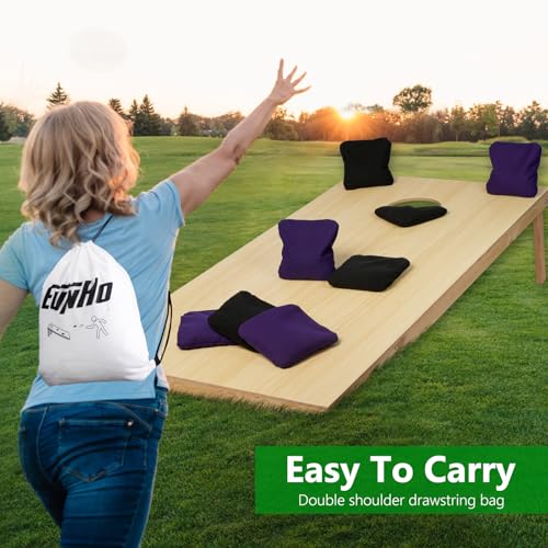 EunHo Cornhole Bags Set of 8 Regulation Size & Weight Corn Hole Bean Bags Official Professional All Weather for Tossing Game with Carry Case - color: Black/Purple
