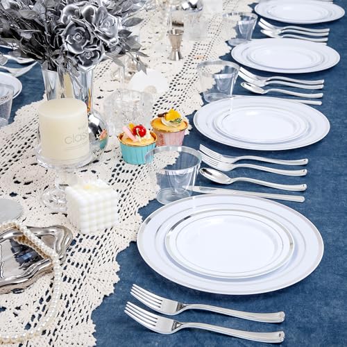 WELLIFE 450 PCS Silver Disposable Dinnerware Set for 75 Guests, Wedding Plates Silver Plastic Plates for Party, Including 75 Dinner Salad Plates, Cups, Forks Knives Spoons for Wedding and Party - color: Silver, size: 75 Guests