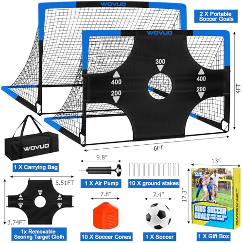 Kids Soccer Goals for Backyard Set of 2, 6x4 ft Portable Toddler Soccer Goal Training Equipment with Soccer Target, Ball, Cones, Soccer Net for Kids Age 3-5 6-8 8-12 10-12-14 Outdoor Sports Games Gift - color: Black Blue