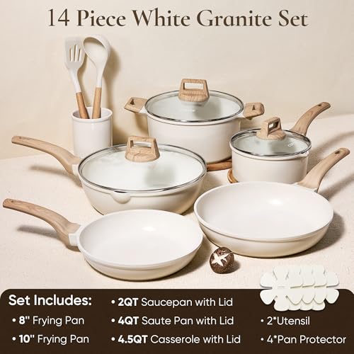 CAROTE 14 Pcs Pots and Pans Set Nonstick,Cookware Set Kitchen Cooking Set with Utensil and Pan Protectors Mothers Day - color: Cream White