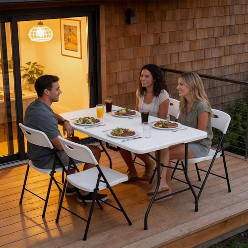 2 Pack Folding Table 5ft - Heavy Duty Plastic Table with Handle, Foldable & Portable, Fold-in-Half Utility Tables for Outdoor, Dining, Wedding, Events, Indoor, Picnic, Camping, Party (White) - color: White, size: 5FT-2pack