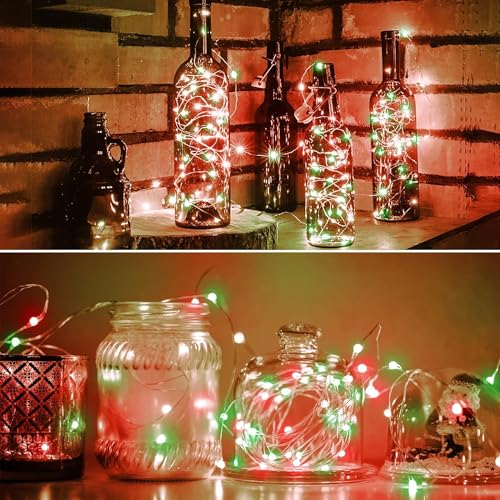 QITONG 4 Pack Solar Fairy Lights, Each 33ft 100 LED Red and Green Christmas String Light Outdoor Waterproof, 8 Modes Silver Wire Twinkle Mini Lights - color: Red/Green, size: 4Pack*100LED