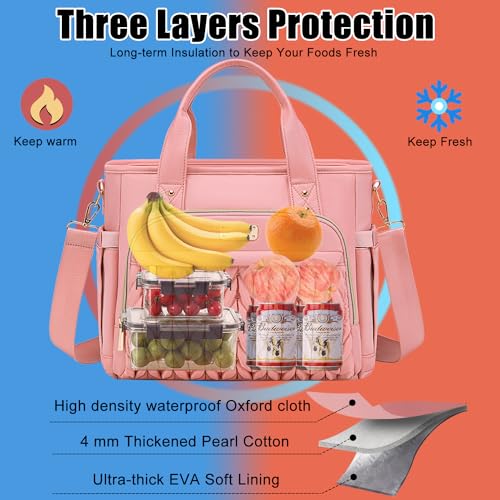 Weitars Insulated Lunch Bag for Women,Leak Proof Lunch Box for Work,Extra Large Lunch Tote Bag With Removable Shoulder Strap with Side Pockets,Reusable Lunch Bag For Picnic Hiking (Pink-02) - color: Pink-02