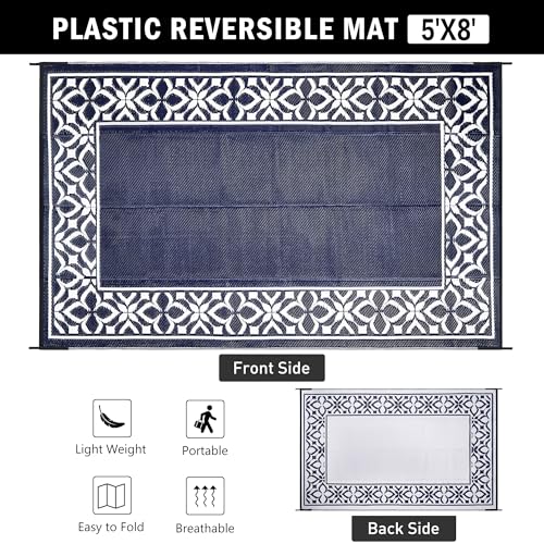 PureCozy Outdoor Plastic Straw Rug Navy Blue Large Outside Waterproof Outdoor Patio 5x8 Carpet Geometric Reversible Mat Modern for Camping RV Porch Deck Balcony Beach - color: Geo | Navy Blue, size: 5' x 8' (Rectangular)