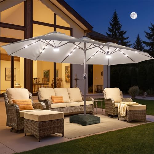 HOOOWOOO Outdoor Patio Umbrella With Solar Light,15 Ft Large Beach Umbrella,UV Protection Picnic Market Parasol Sunshade W Base Crank Handle For Backyard Deck Pool Shade - color: Light Gray