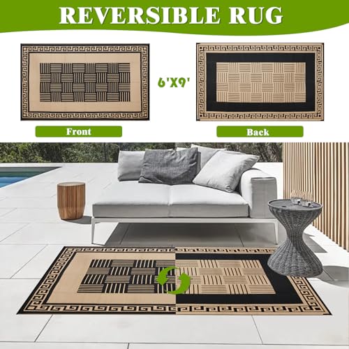 YONILE Outdoor Rug 6x9 ft Waterproof, Reversible Outdoor Plastic Straw Rug for Patios Clearance, Outdoor Area Rug Carpet RV Mat for Camping Backyard Deck Porch - color: Black&coffee-striped, size: 6x9ft