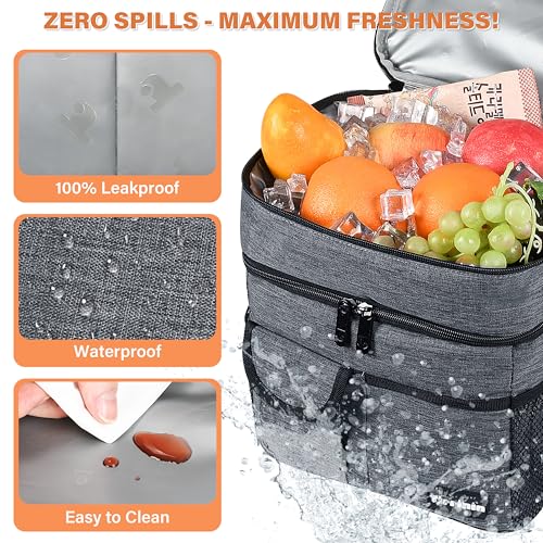 Tirrinia Large Insulated Lunch Box for Women Men, Double-Layer Leak-Proof Reusable Lunch Bag with 4 Pockets for Adult, Lunch Bag Cooler Tote for Office Work and Travel,Carbonarius - color: Charcoal, size: Large Double Layer-17L