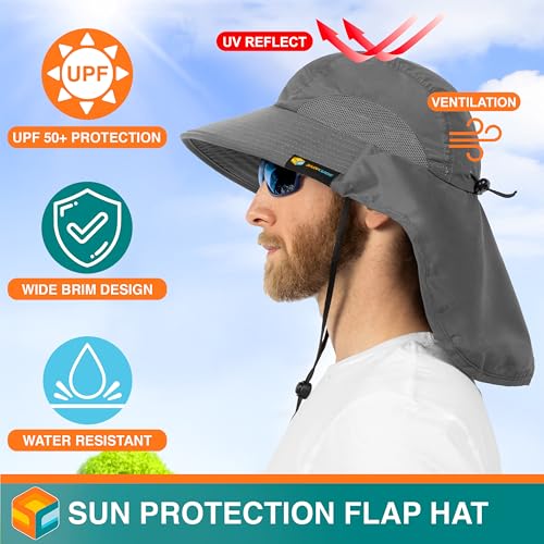 SUN CUBE Wide Brim Sun Hat with Neck Flap, UPF50+ Hiking Safari Fishing Hat for Men Women, Sun Protection Beach Hat - color: Gray
