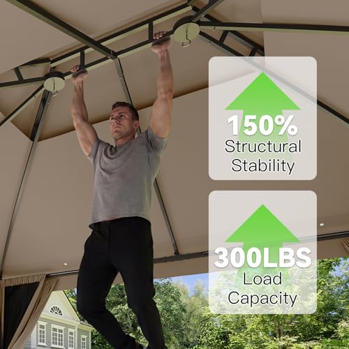 Aoxun Outdoor Gazebo for Patio 10x12 Metal Frame Canopy with Double Roofs Heavy Duty Party Tent and Shelter with Mosquito Netting and Privacy Screen for Backyard, Lawn, Garden, Deck (Khaki) - color: Khaki, size: 10 X 12