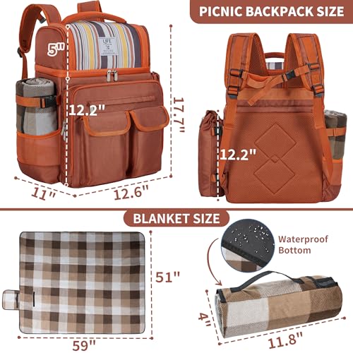 Picnic Backpack for 4 Person with 2 Insulated Leakproof Cooler Compartment, 4 Cutlery Sets, Wine Holder, Fleece Blanket, Perfect for Beach, Camping, Hiking, Brown