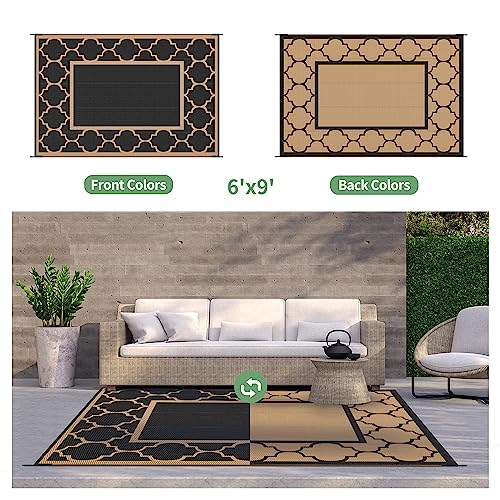 GENIMO 6' x 9' Outdoor Rug Waterproof for Patio Decor, Foldable Reversible Plastic Straw Area Rugs Mat for Camper, Outside Carpet for Rv, Deck, Porch, Picnic, Beach, Balcony, Black & Brown - color: Black&brown, size: 6' x 9' (Rectangular)