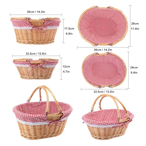 2 Pack 14.2 & 12.6 Inch Natural Wicker Basket with Linen Cotton Cloth Lining, Oval Wicker Woven Basket with Handle, Willow Woven Picnic Baskets for Picnic, Camping, Party - size: 2 Pack 14.2in&12.6in Natural(Round willow)