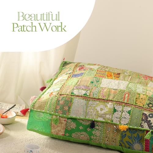 THE ART BOX Cotton Patchwork Vintage Boho Embroidered Floor Pillows & Cushion Cover Green Pouf Seating Pouf Meditation Pillow Pet Bedding Bed Boho Home Décor (35x35 Inches, Cover Only) - color: Light Green