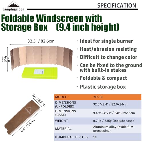 camping moon CAMPINGMOON 10 Plates Foldable Windscreen Folding Camp Stove Windshield with Storage Box - color: 8.66 inch Height YD-10