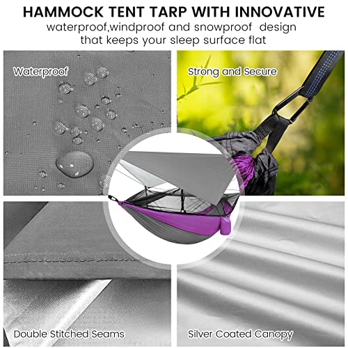 Camping Hammock with Mosquito Net & Rain Fly Tent Tarp & Tree Straps Portable Strong Nylon Hammock Parachute Tent w/Storage Bag for Camping Hiking Backyard Outdoor Backpacking Travel - color: Purple