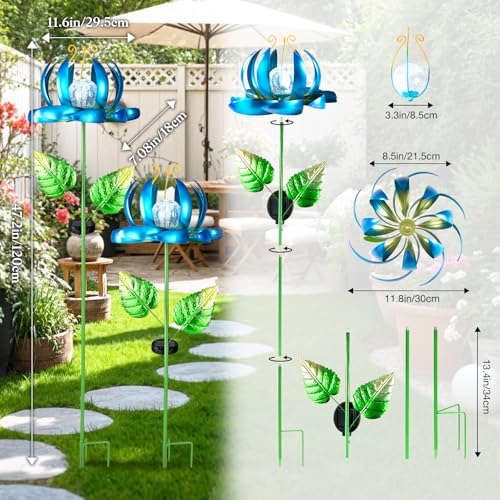 Solar Yard Lights Wind Spinners- Metal Lotus Flower Garden Decor LED Crackle Glass Globe Yard Art Sculpture Solar Stake Lights for Patio Pathway Lawn Walkway (Blue-Large) - color: Blue-large