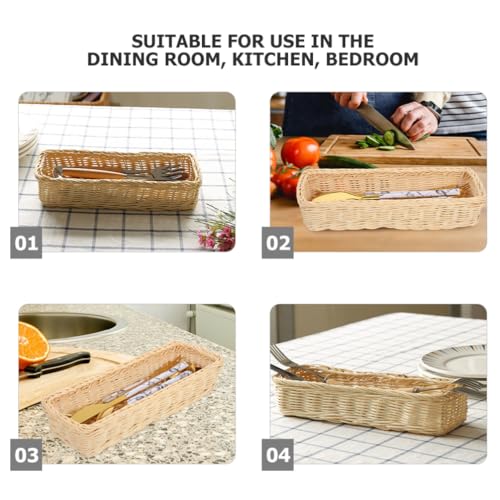 Amosfun Rattan Woven Cutlery Basket 2-Pack 9.84X3.93X1.96 Inch Wicker Utensil Organizer Spoon Fork Holder for Kitchen Drawer Countertop Storage