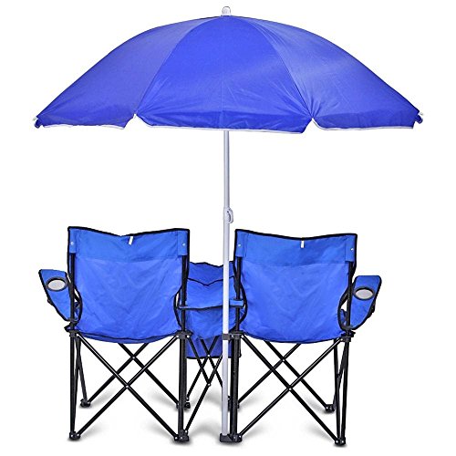 GoTEAM! Portable 2-Seat Folding Camp Chair with Cooler, Umbrella & Cup Holders – Outdoor Picnic, Beach, or Tailgate Seating – Carry Case Included - color: Blue