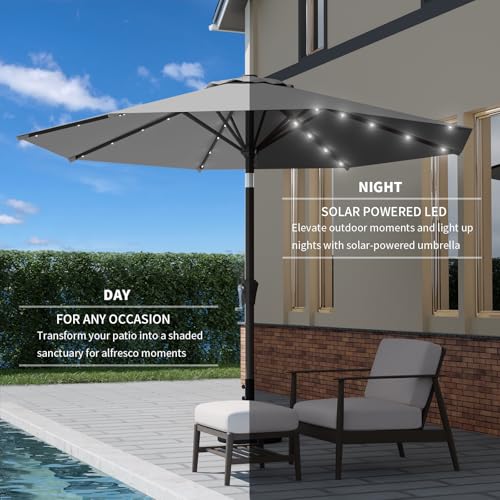 9FT Patio Umbrella with Solar Lights,Outdoor Market Umbrella with Tilt and Crank, LED Lighted Table Umbrella for Garden,Deck,Backyard,Pool,Beach (Light Gray) - color: Light Gray