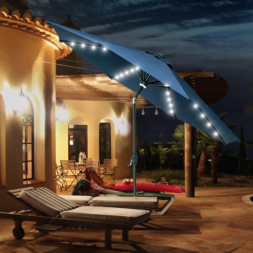 GDY 10Ft Patio Umbrella, Table Umbrella with 40 LED Lights, Outdoor Umbrellas for Patio, with Tilt and Crank, Center Light, for Garden, Deck, Backyard, Pool, and Beach. - color: Navy Blue
