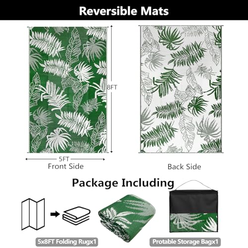 famibay Outdoor Rug Waterproof 5x8 Plastic Straw Rug Reversible Patio Rug Outside Camping Rug Patio Mat Lightweight Foldable Outdoor Carpet for Patio Balcony Deck Camping - color: Darkgreen & White, size: 5' x 8'