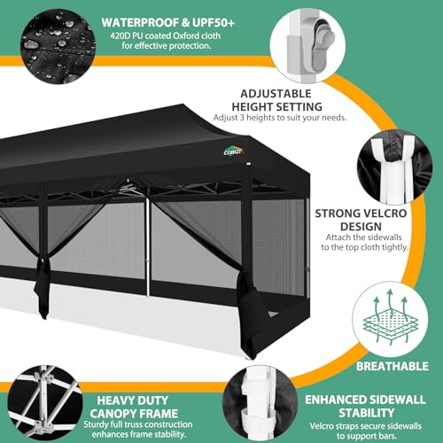 COBIZI 10x30 Pop Up Canopy with Sidewalls, Heavy Duty Canopy with Mosquito Netting, Easy up Screen Party Tents for Parties Backyard Outdoor Commercial Event Gazebo with Roller Bag, Sandbags, Black - color: Black, size: 10x30ft(standard)