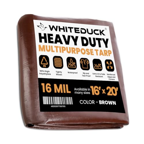 WHITEDUCK 16x20 Tarp 16 MIL Heavy Duty Poly Tarp Waterproof UV Resistant, True to Size, Rust-Proof Grommets, Tear & Rip Resistant, Extra Thick, Camping, Construction, Boat & Equipment Cover - color: Brown- 16 Mil, size: 16' x 20'