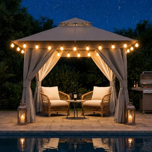 LAUSAINT HOME 8'x8' Outdoor Gazebo with 50FT String Lights, Metal Heavy Duty Patio Canopy Tent with Double Roofs, Mosquito Nettings and Privacy Screens for Backyard, Garden, Lawn, Gray - color: Gray, size: 8'x8' With String Lights