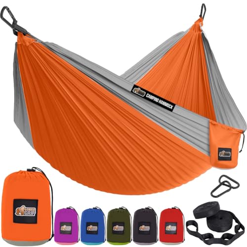 GORILLA GRIP Durable Camping Hammock with Heavy Duty Tree Straps, Portable Hammocks for Outside, Easy to Use Travel Swing Chair, Outdoor Camper Hiker Essentials, Backpacking Gear Gifts, Single, Orange - color: Orange/Grey, size: Single (9' x 4.5')