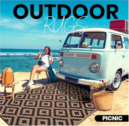 Outdoor Rugs, Outdoor Plastic Straw Rug, Reversible Waterproof Carpet for Camping, Poolside, Garden, BBQ Area, Gazebo Flooring, RV Park & Beach, Square Pattern, Black & Brown, 6'x9' - color: Square Frames - Black & Brown, size: 6' x 9'