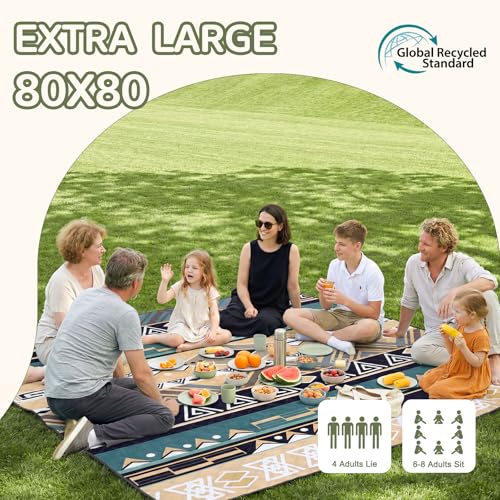 Genovega Waterproof Picnic Blanket Outdoor Camping Beach Mat Rug Extra Large Foldable Car Essential Roadtrip Gadget Accessories Glamping Gear Must Haves Hiking Stuff Backpacking Mother Day Gift - color: Boho Green, size: 6'8" x 6'8" (Square)