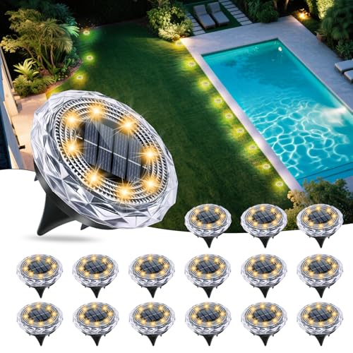 Solar Ground Lights,Solar Disc Light Outdoor Waterproof,Landscape Lighting Garden Lights for Pathway, Yard, Deck, Lawn, Patio, Swimming Pool, Walkway(Warm, 16Pack) - color: Warm colors, size: 16 Pack
