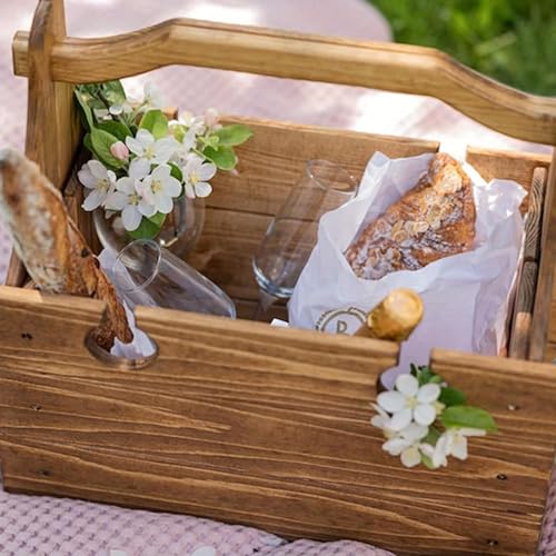 Wooden Folding Picnic Table with Storage Basket - 2-in-1 Portable Outdoor Table with Wine Glass Holder, Ideal for Champagne, Snacks and Beach or Park Picnics (Vintage)