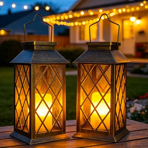 Solar Lanterns Outdoor Waterproof, Flickering Candles Hanging Solar Lights for Outside Garden Patio Wall Porch Decorative, Lamp with Upgraded Solar Panel, Tempered Glass & Clip, Bronze 2 Pack - style: Bronze*2, 4.2*4.2*8.7in