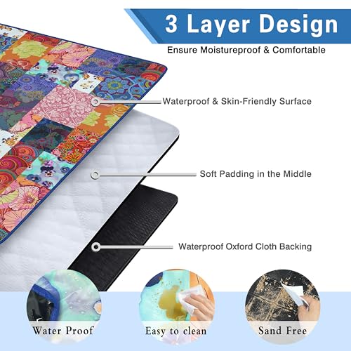 Supfitness Extra Large Picnic Blankets Waterproof Foldable (80 "x 80") Beach Blanket Waterproof Sandproof,3-Layer Thicking Mat Outdoor Packable Camping Blanket - color: Flower-4, size: 6'8" x 6'8" (Square)