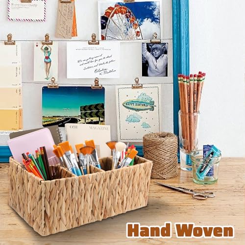 LLOUSSAK Utensil Caddy, Outdoor Silverware Caddy with Handle, Wicker Utensil Holder for Party, Woven Divided Picnic Basket as Cutlery Holder, Outdoor Party Essentials (5 Compartments)