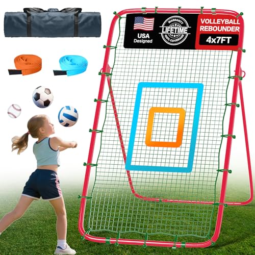 Volleyball Rebounder Net 7x4 Ft, 5-Angle Adjustable Rebounder Net for Practicing Digging, Setting, Spiking, Bounce Back Training Equipment with 2 Target Stripes & Portable Travel Bag for Storage - color: NET103-Main