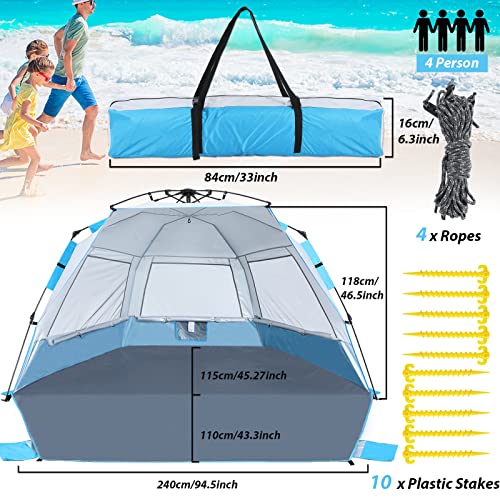 Beach Tent Instant Pop up Sun Shade Shelter for 4-6 Person with UV Protection，Extended Floor，3 Mesh Roll Up Windows with Carry Bag, Sandbags, Stakes(Sky Blue)