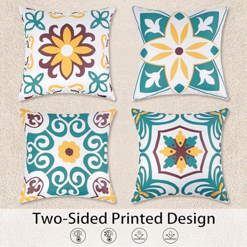 Pyonic Waterproof Outdoor Pillow Covers 18x18 inch Set of 4 Morocco Vintage Floral Boho Throw Pillow Covers Water Resist Outdoor Pillows for Patio Furniture Garden Yard,Turquoise - color: Turquoise, size: 18" x 18" (Pack of 4)